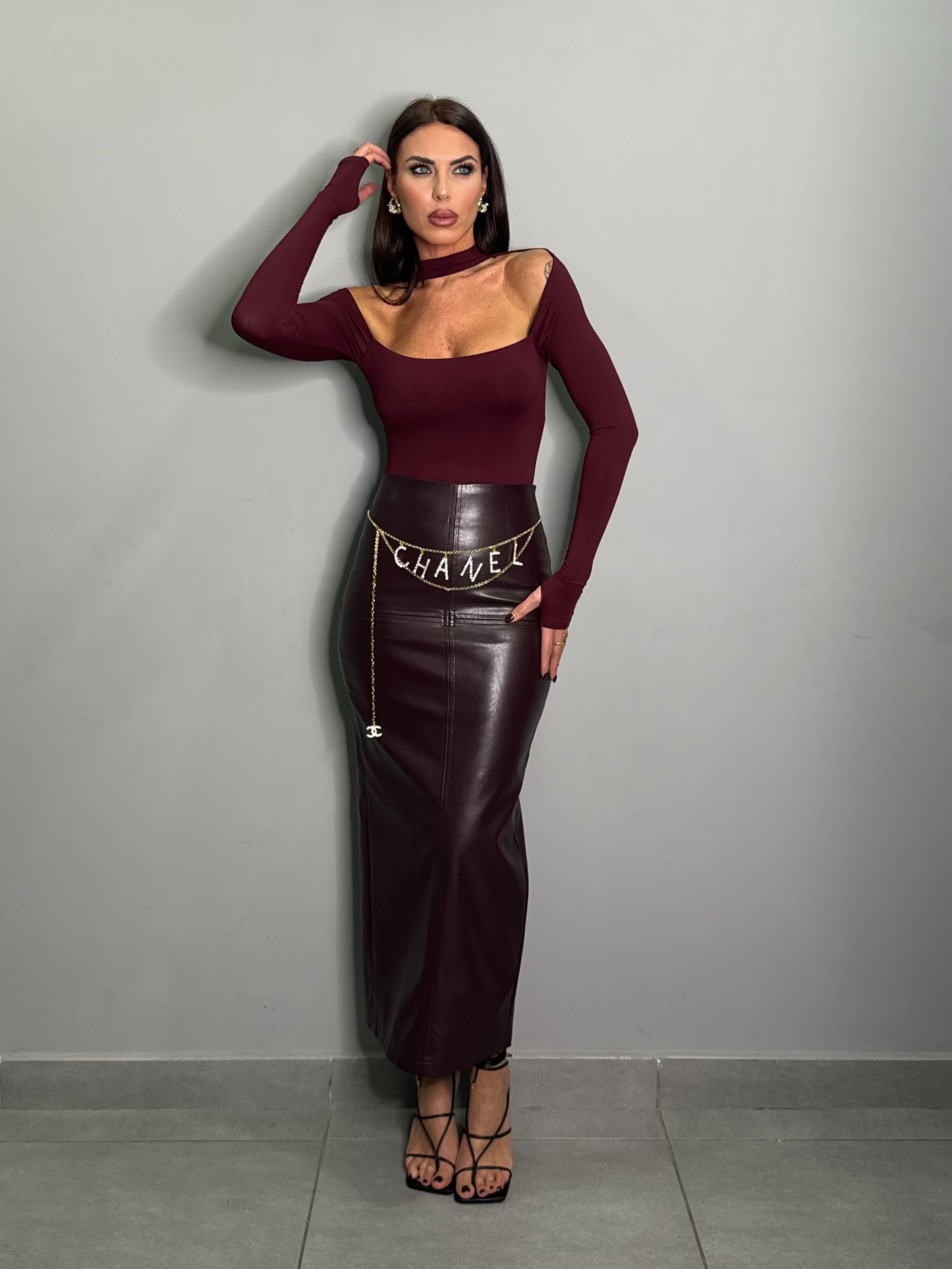 Gonna in ecopelle bordó